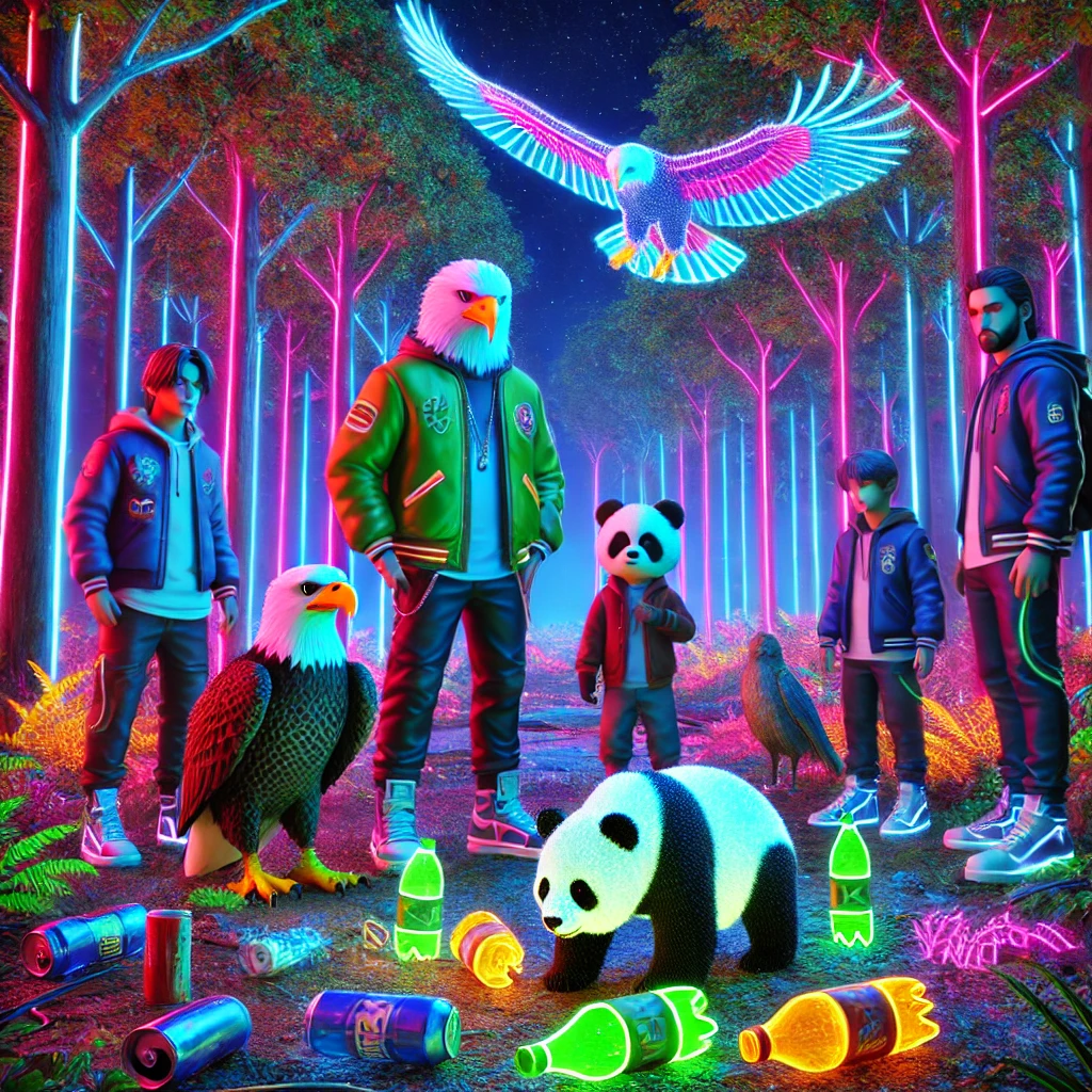 The Friends discovering trash scattered across the land